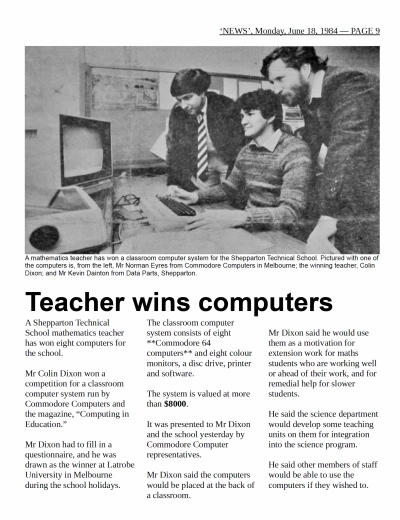 1984 article: Teacher wins computers